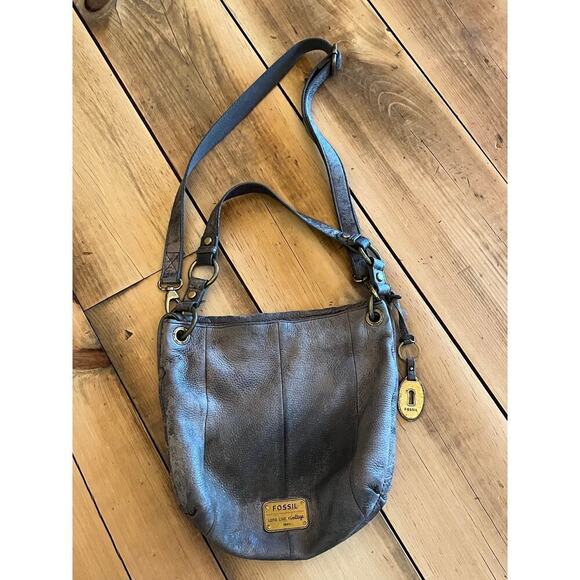 Fossil Long Live Vintage Grey Double Strap distressed crossbody bag.Soft Leather - Picture 6 of 9